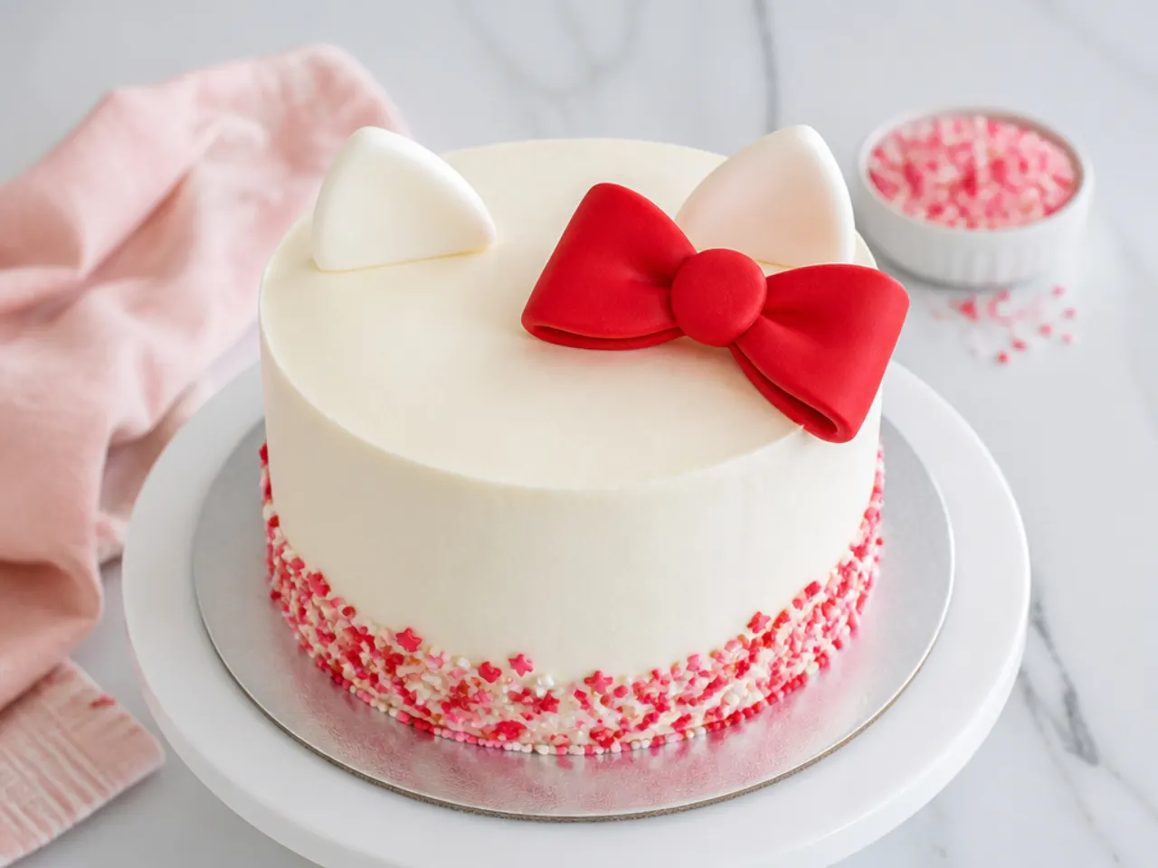 Minimal white buttercream hello kitty inspired cake with single oversized red fondant bow