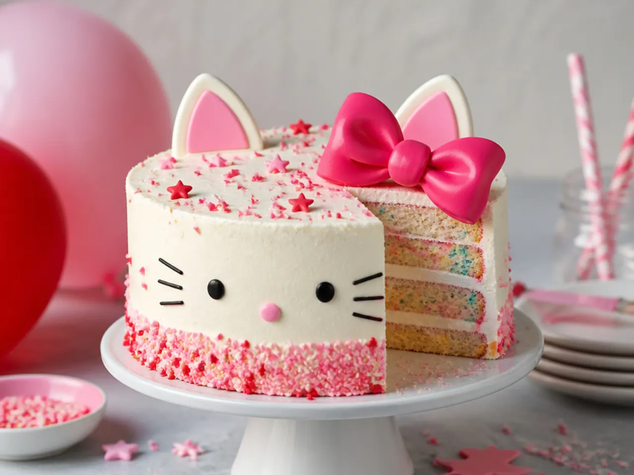 Festive hello kitty birthday cake with funfetti sponge and pink and red sprinkles