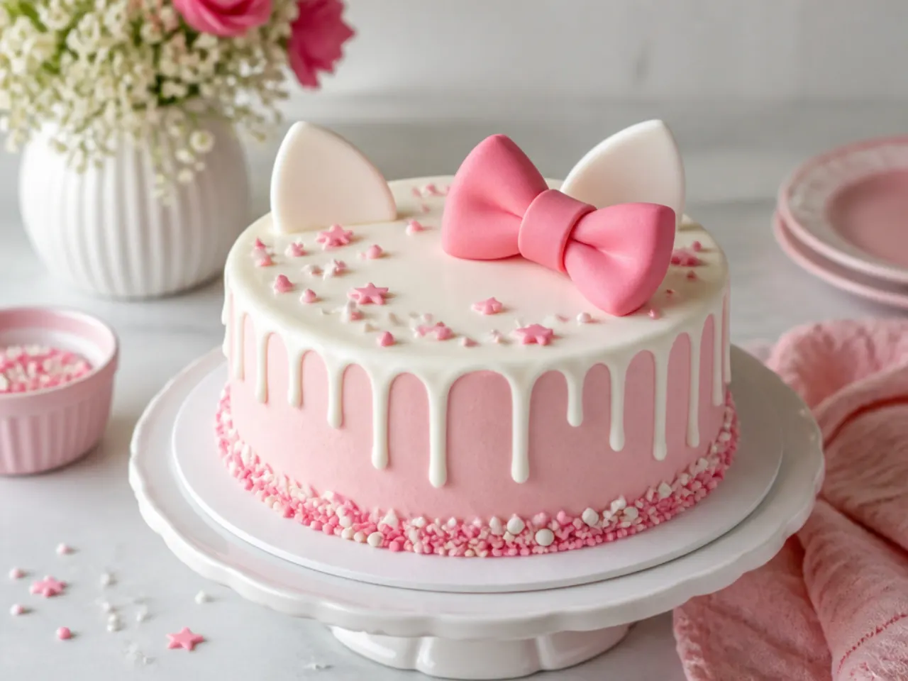 Whimsical simple hello kitty cake with white fondant cat ear toppers and pink bow