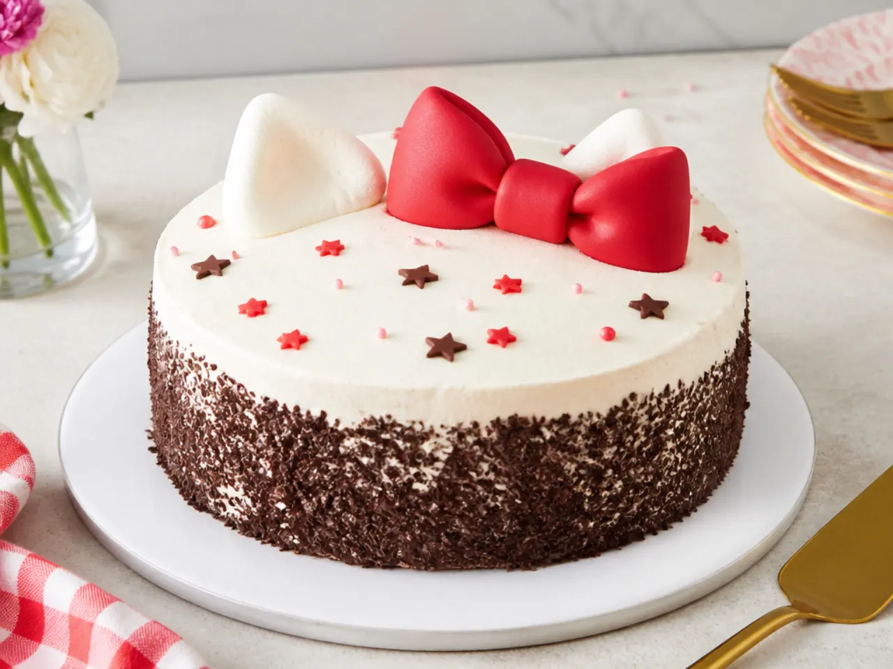 Bold hello kitty inspired chocolate cake with white frosting and big red fondant bow