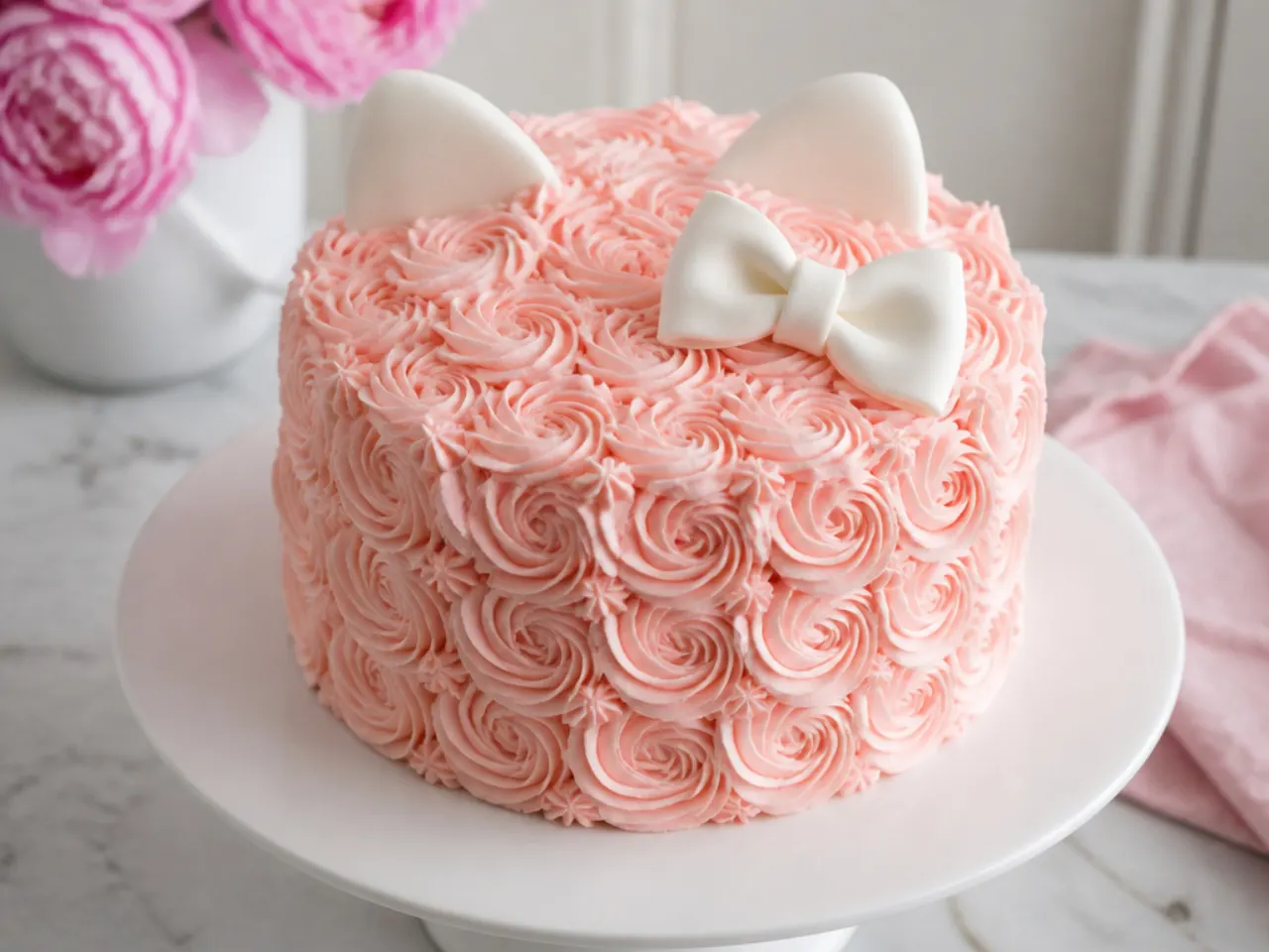 Delicate pale pink rosette buttercream cake with hello kitty style white bow