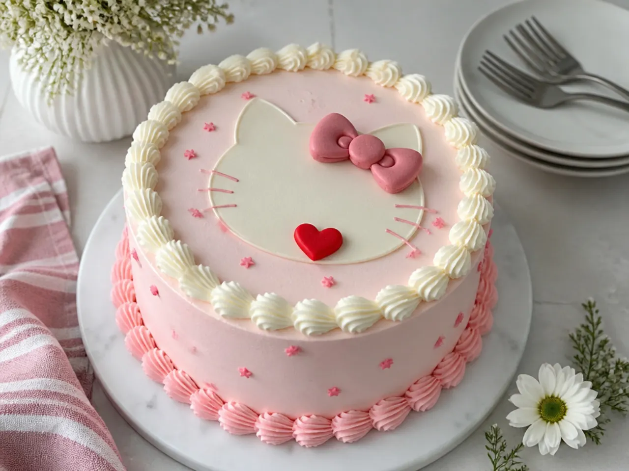 Vintage style simple hello kitty cake with piped shell borders and red heart in pastel pink