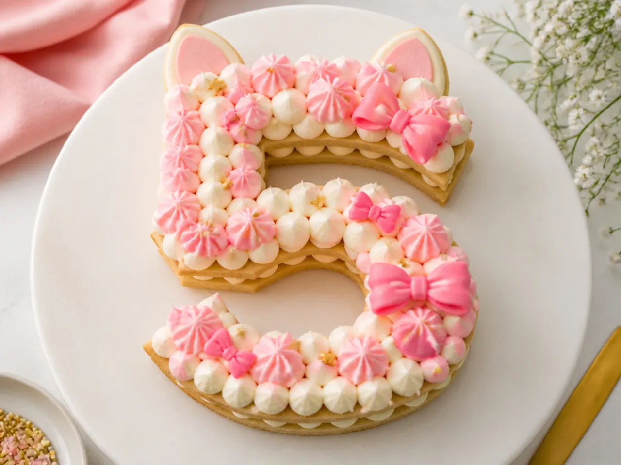 Creative hello kitty theme number cake with piped pink and white buttercream dollops and bows