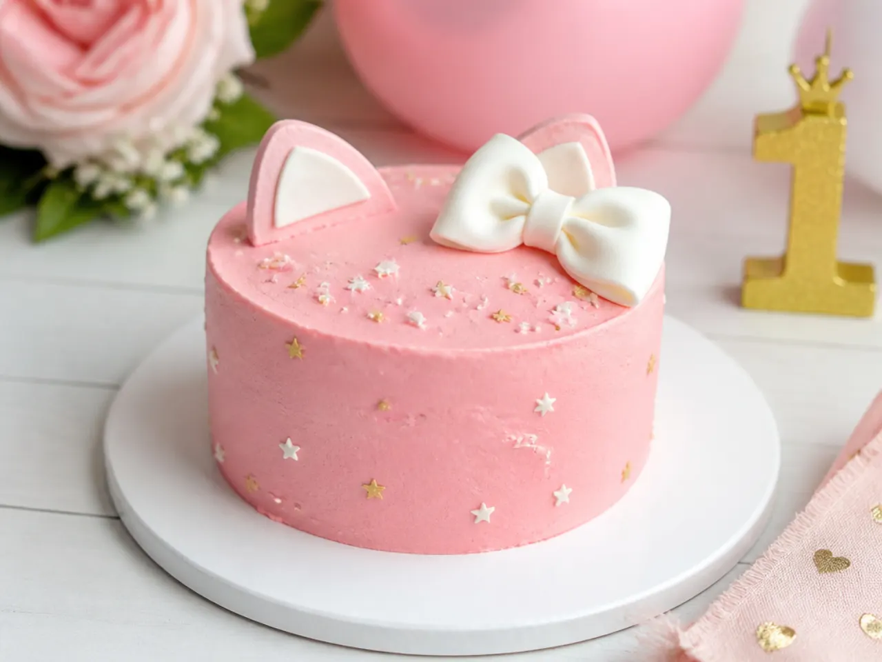 Charming mini hello kitty smash cake in pastel pink with tiny white bow for first birthday