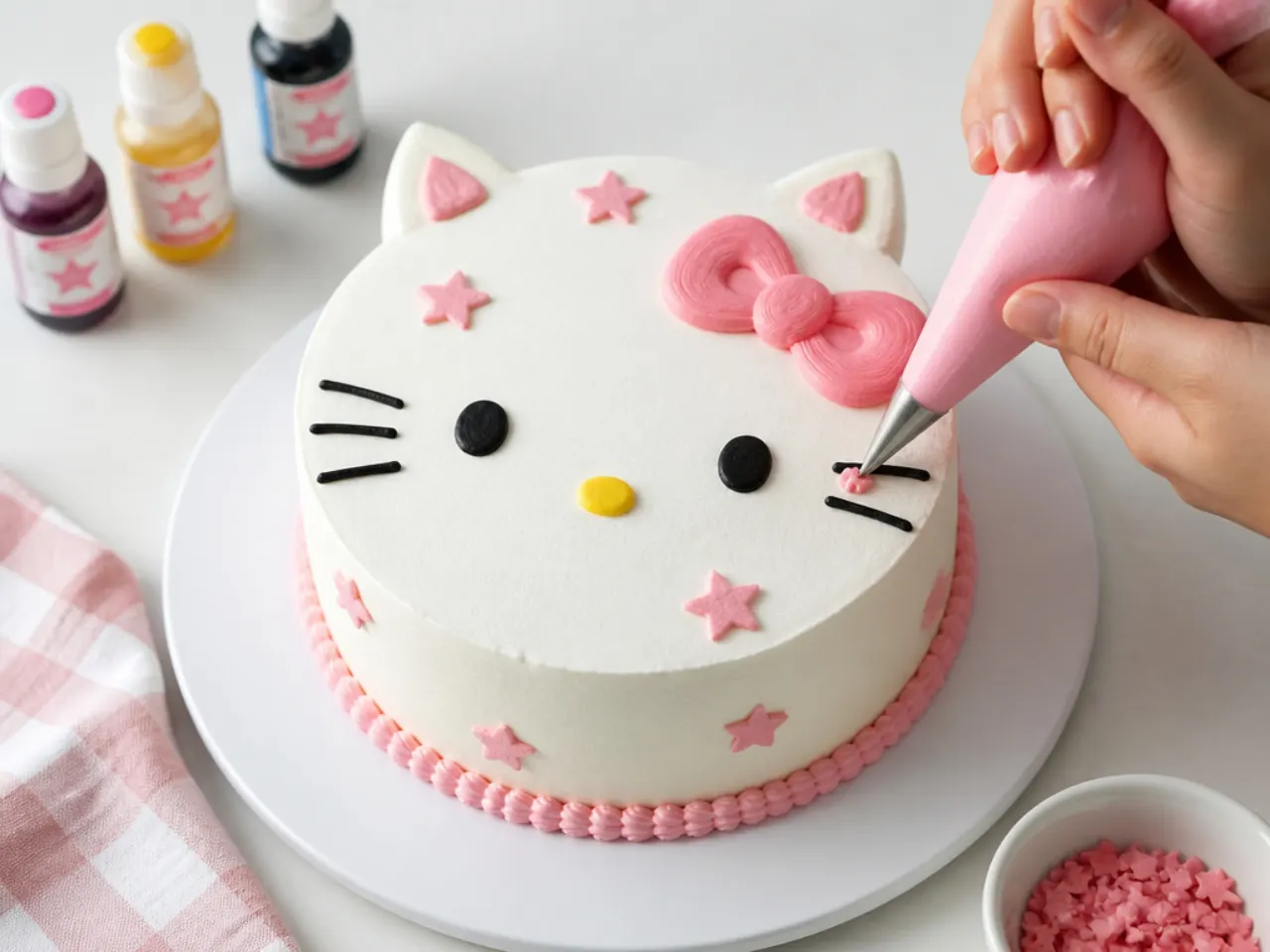 Beginner decorating a simple hello kitty cake with piping bag and gel food colours