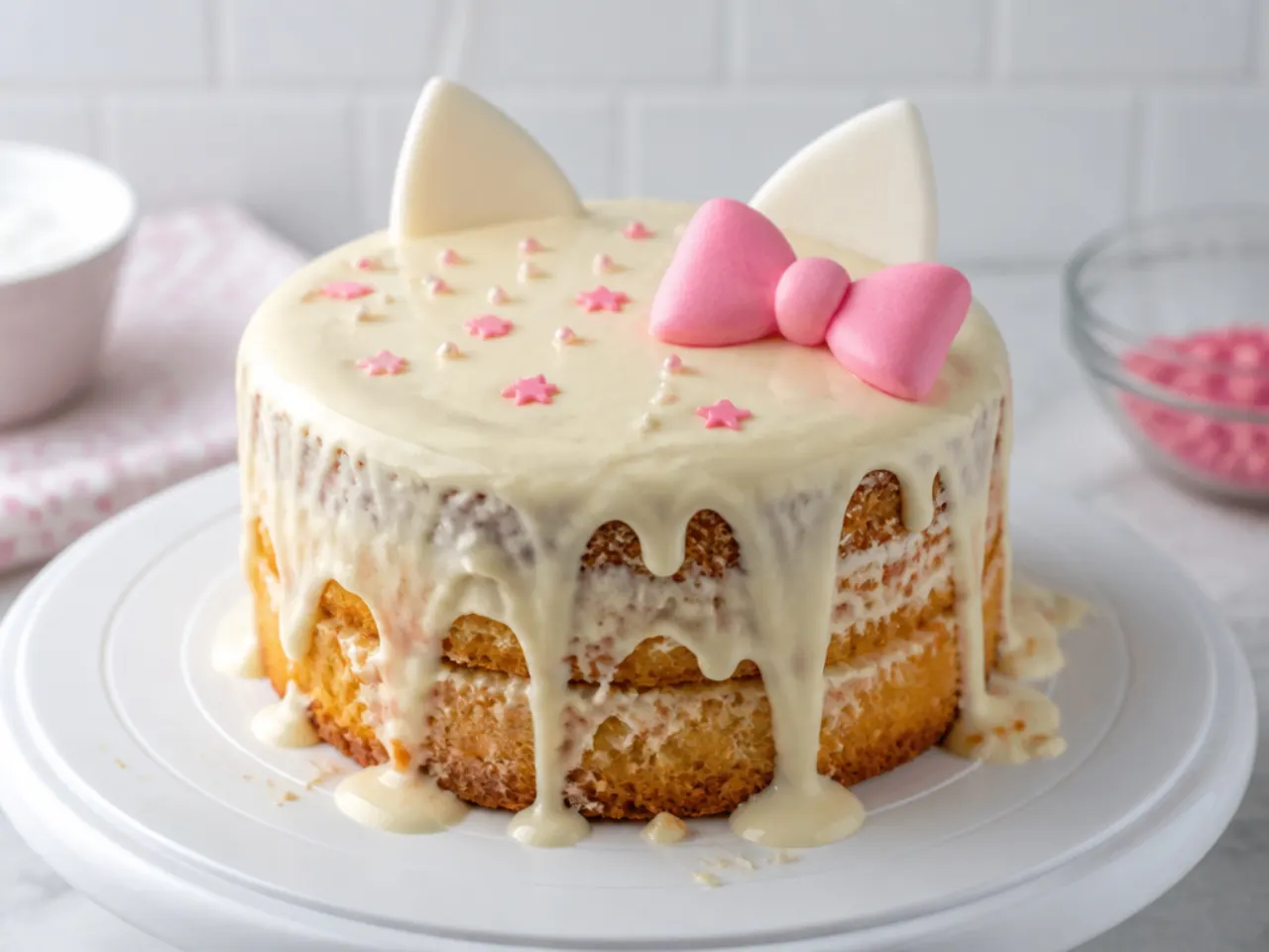 Common hello kitty cake mistakes shown with melted buttercream on a warm sponge