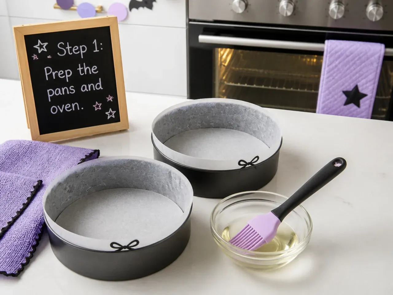 simple kuromi cake — step 1: prep the pans and oven