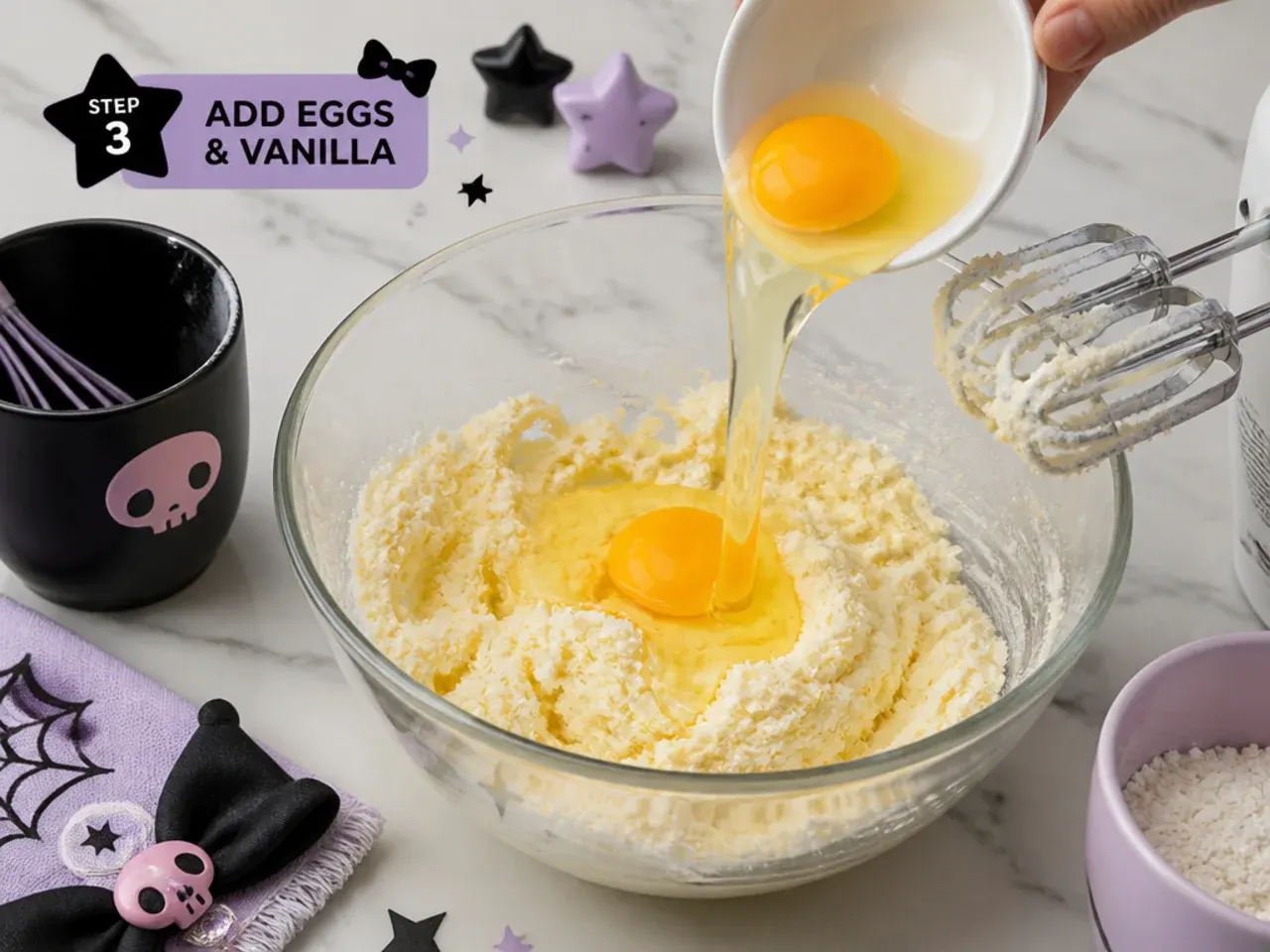 simple kuromi cake — step 3: add eggs and vanilla