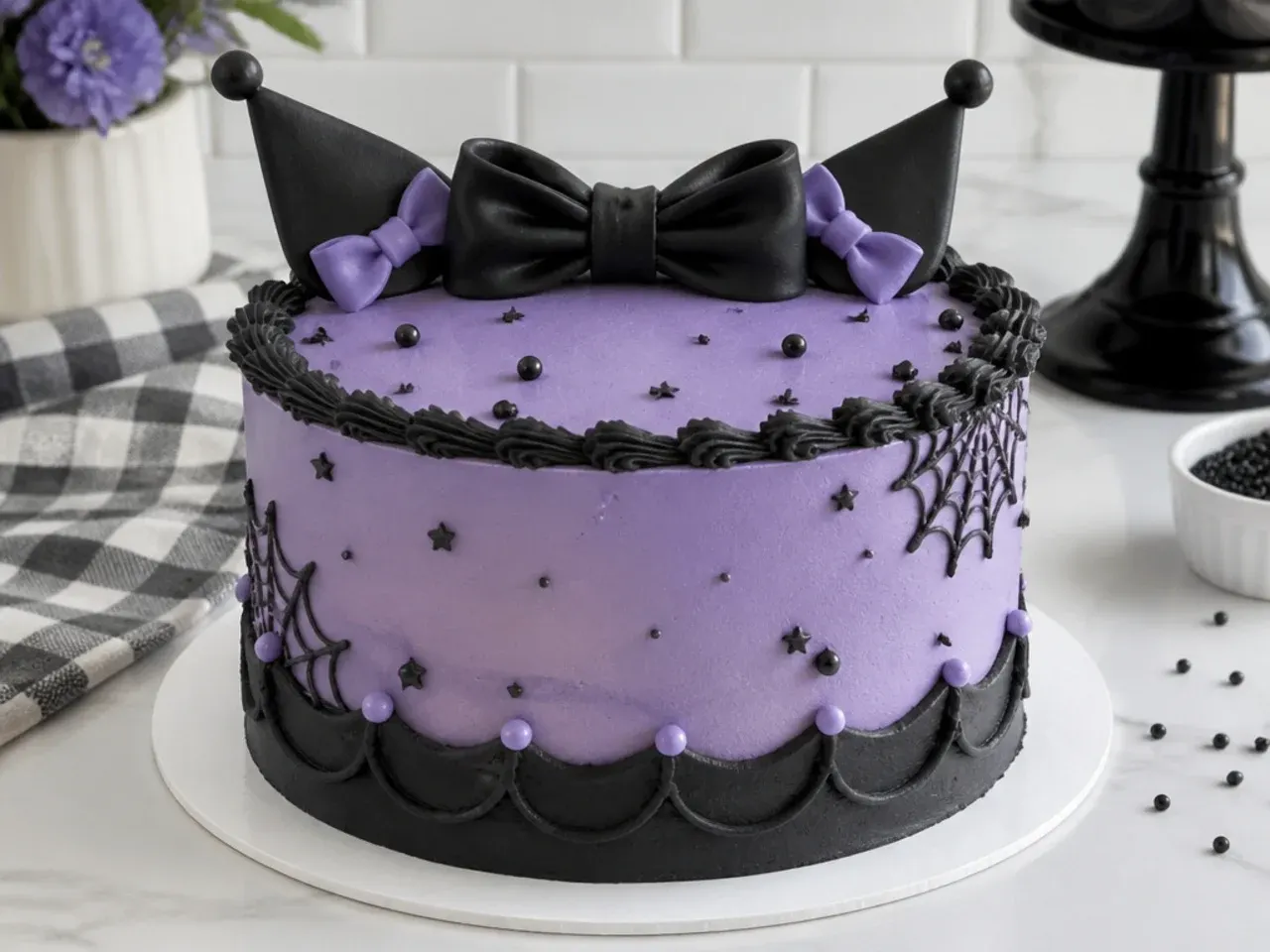 Classic simple Kuromi cake with lavender and black two-tone buttercream