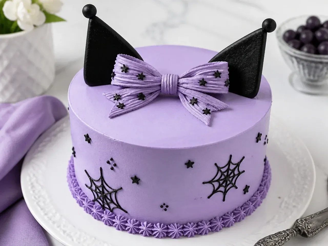Easy simple Kuromi cake in solid lavender with a piped buttercream bow
