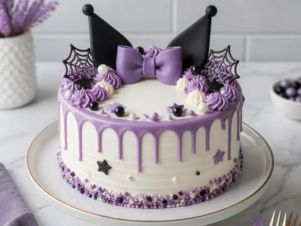 Elegant simple Kuromi cake with white base, purple drip and edible pearls