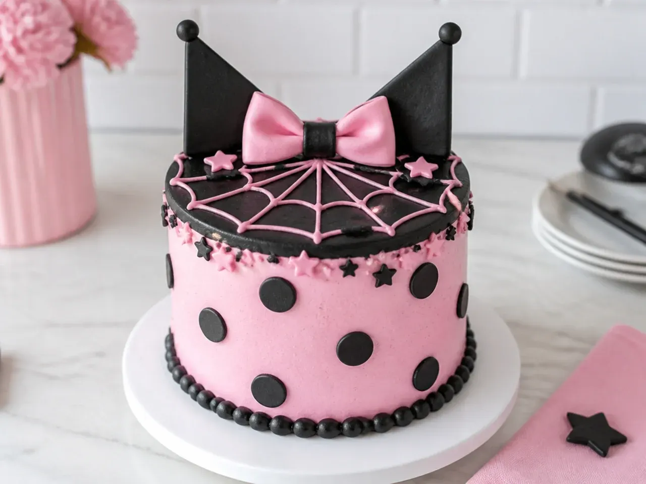 Playful simple Kuromi cake with pink base and black polka dots