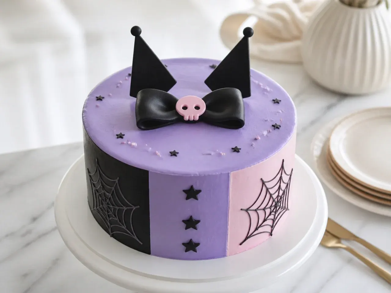 Modern simple Kuromi cake with colour-blocked lavender, black and pink sides
