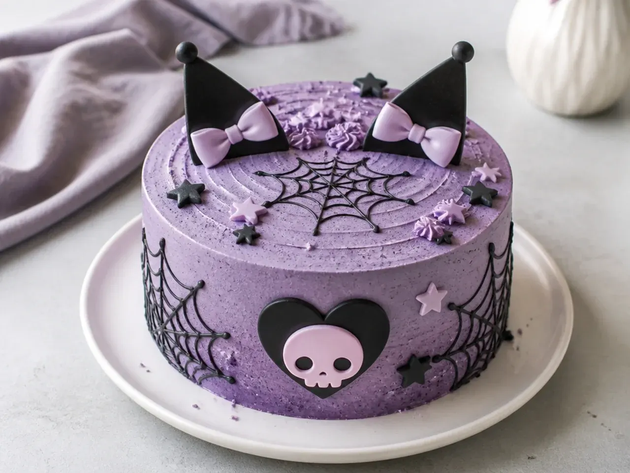 Rustic simple Kuromi cake with textured muted purple buttercream swirls