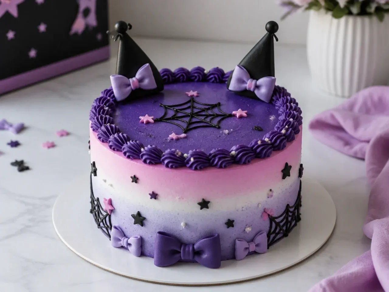 Colourful simple Kuromi cake with pastel ombre sides and deep purple top