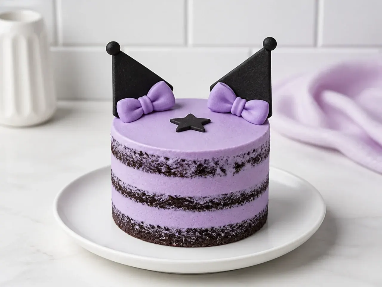 Minimal simple Kuromi cake naked style with a single black star accent