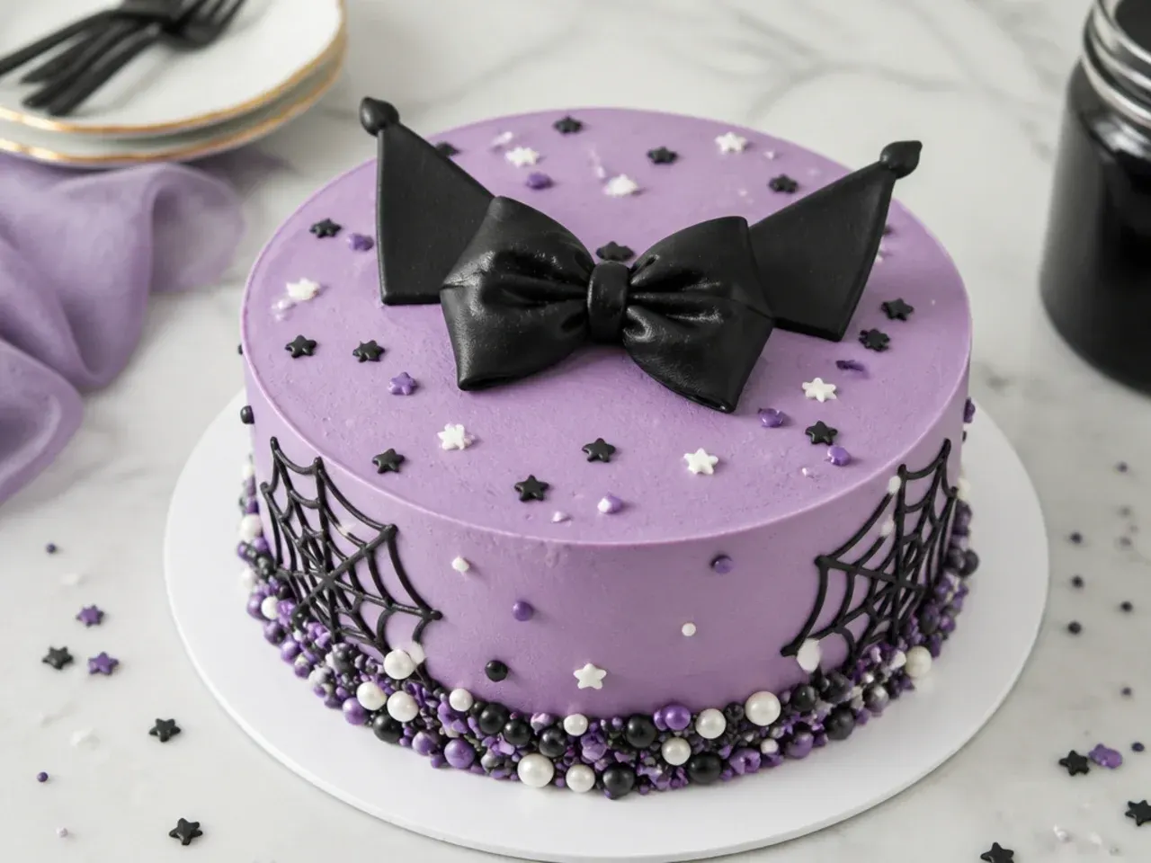 Festive simple Kuromi cake with purple, black and white confetti sprinkle border