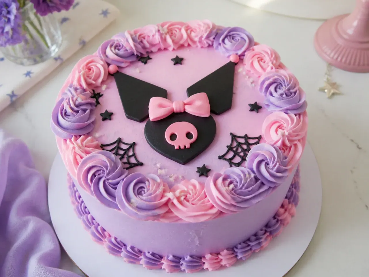 Whimsical simple Kuromi cake with pink and purple cloud-swirl piped border