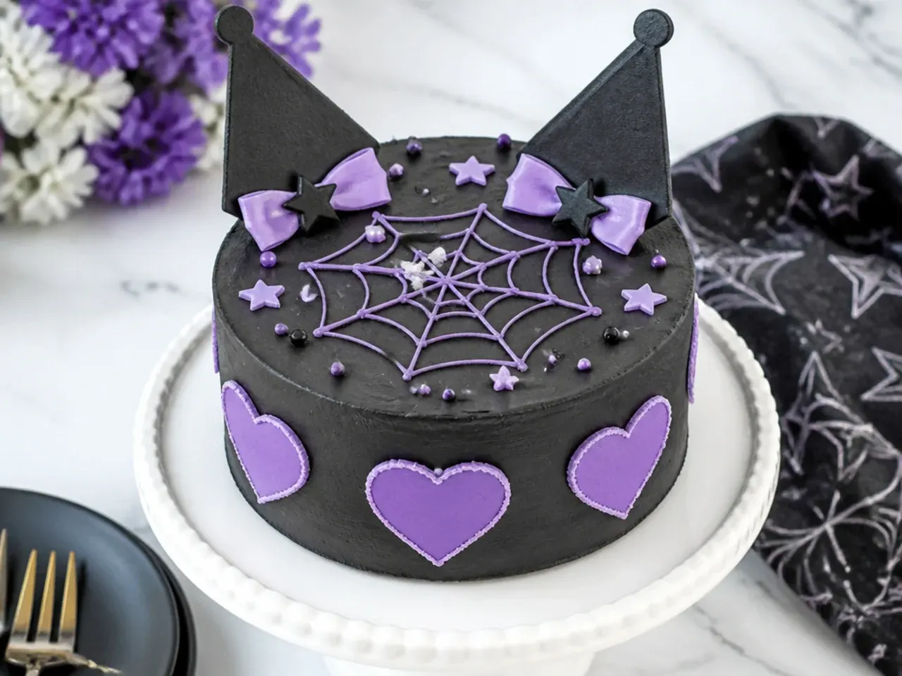 Bold simple Kuromi cake in black buttercream with neon purple heart accents