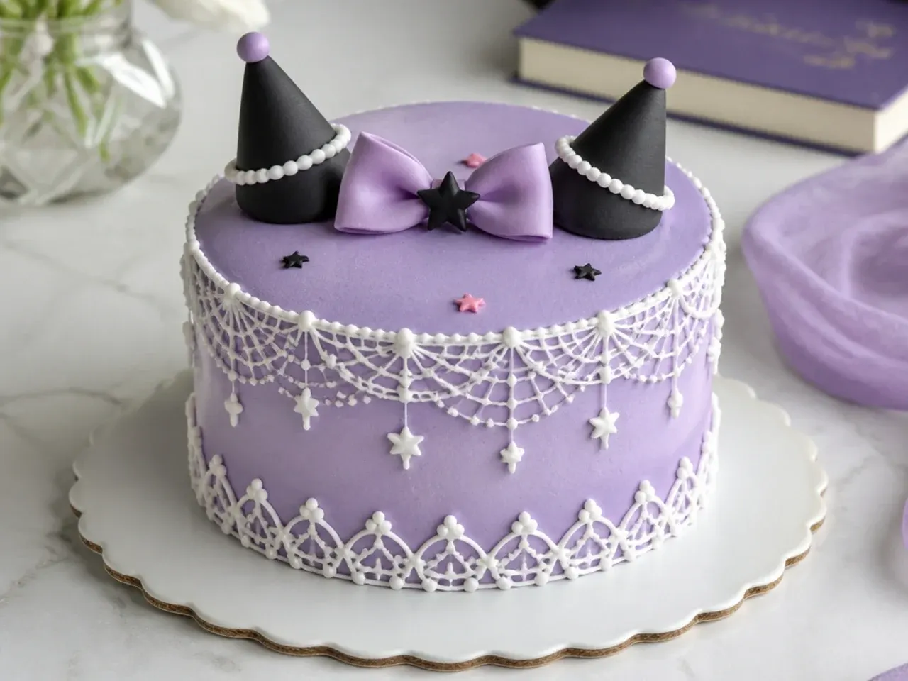 Delicate simple Kuromi cake with fine white lace piping over soft lilac