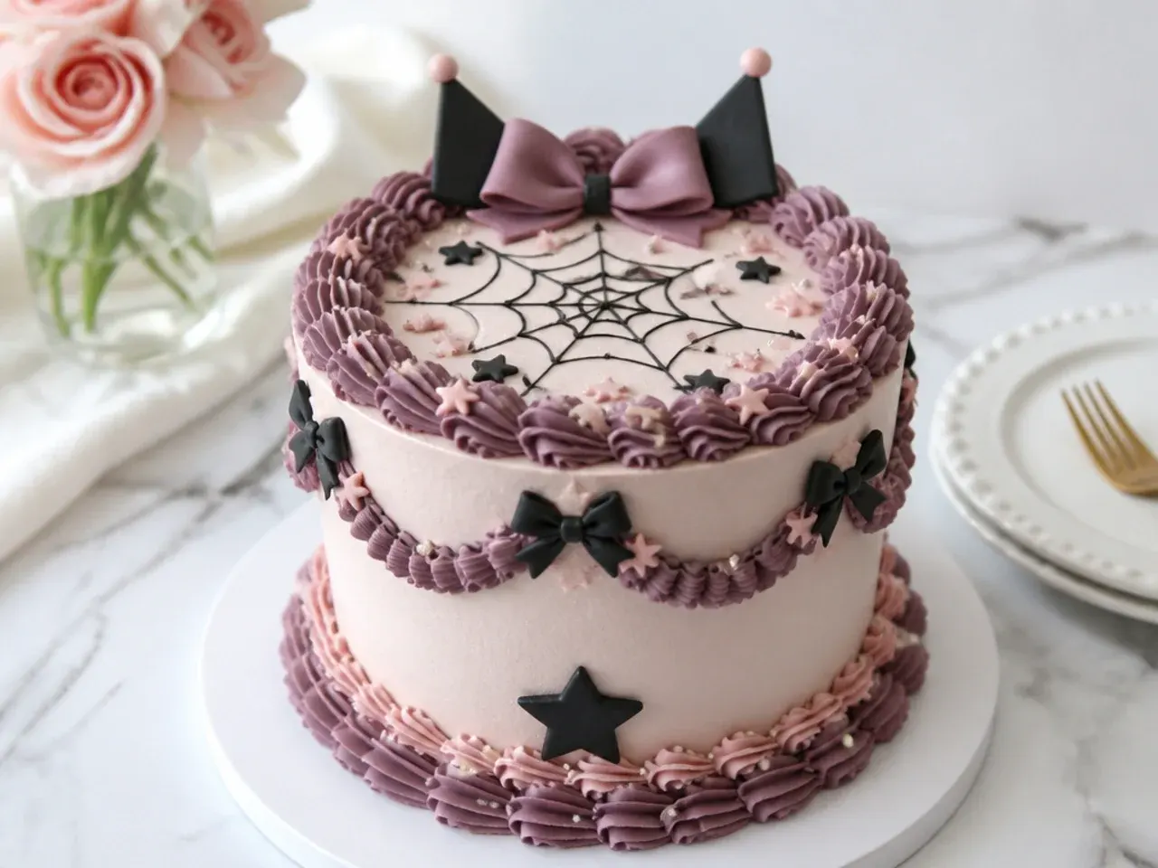 Vintage simple Kuromi cake with dusty rose and plum buttercream ruffles