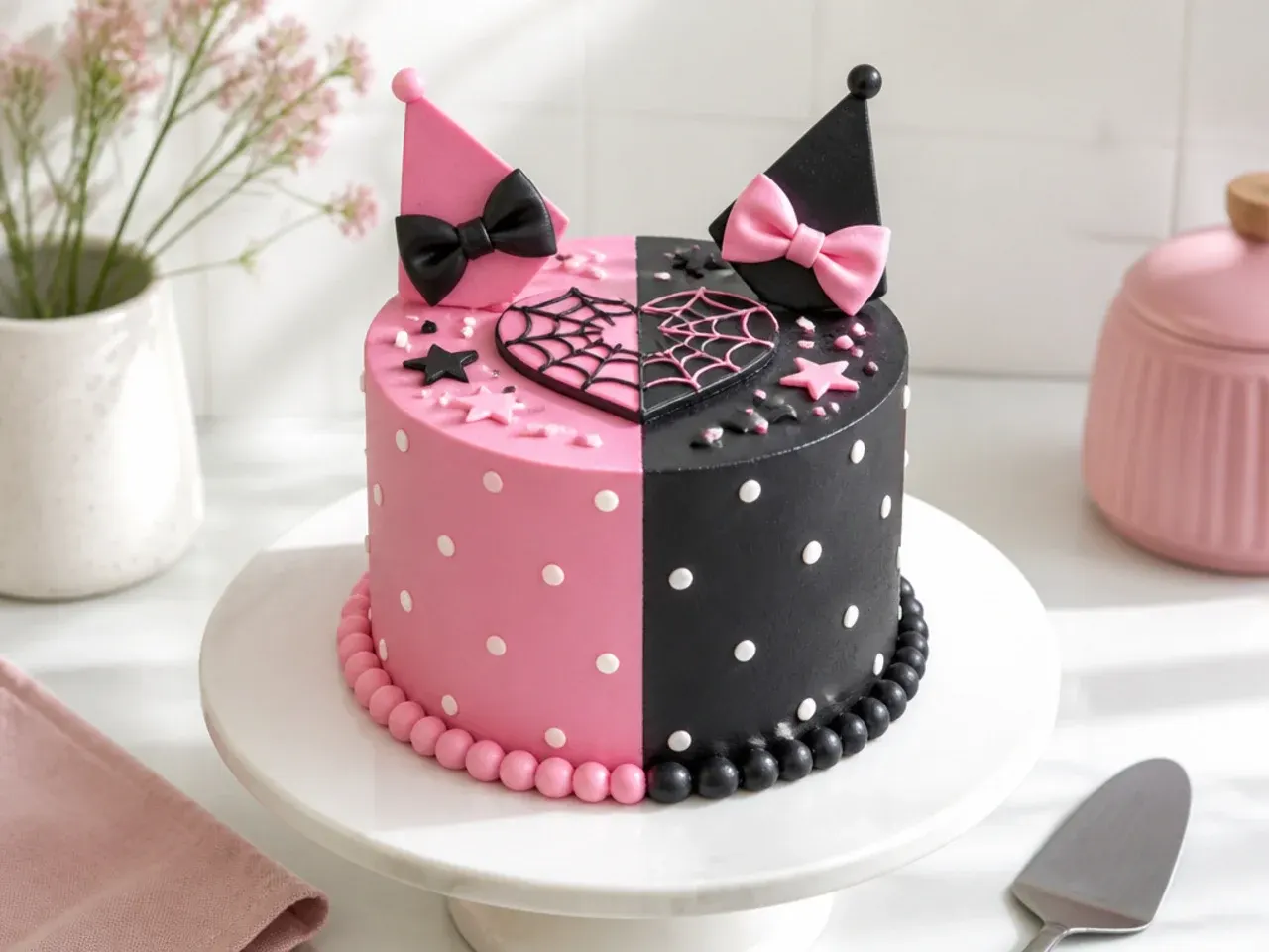 Creative simple Kuromi cake split half pink and half black with white dots