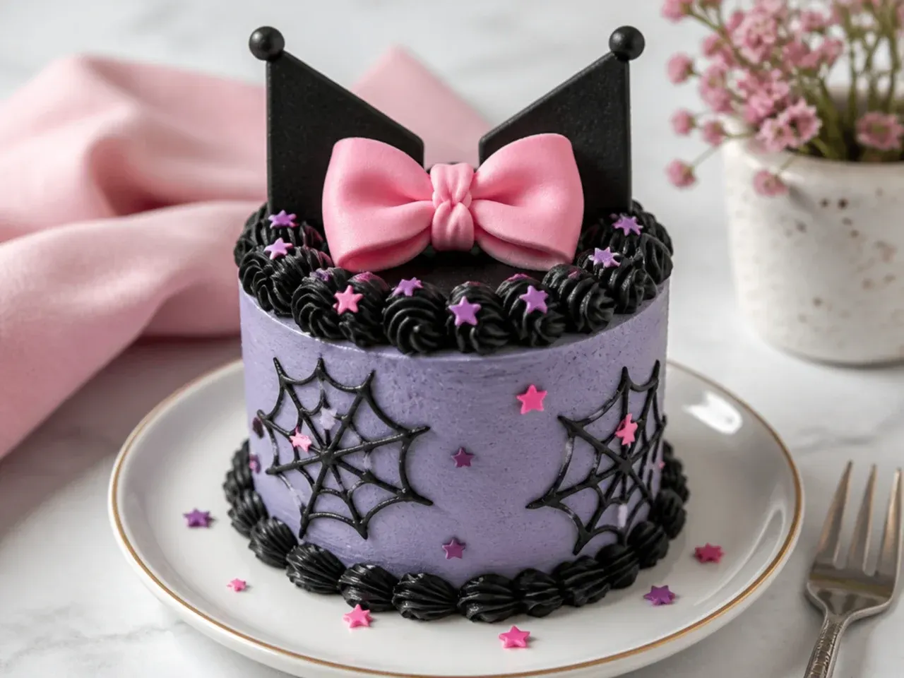 Charming simple Kuromi mini cake for one with a pink piped bow topper