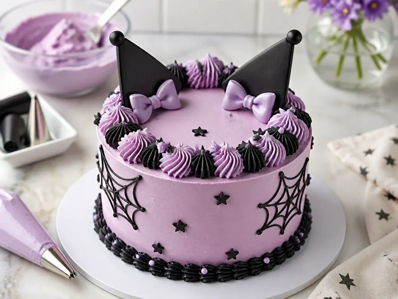 Tips for making a simple Kuromi cake easier with buttercream and piping tools