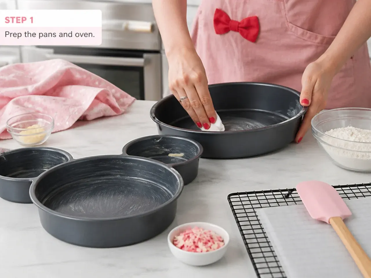 simple minnie mouse cake — step 1: prep the pans and oven