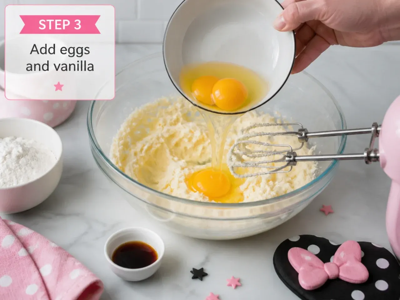 simple minnie mouse cake — step 3: add eggs and vanilla