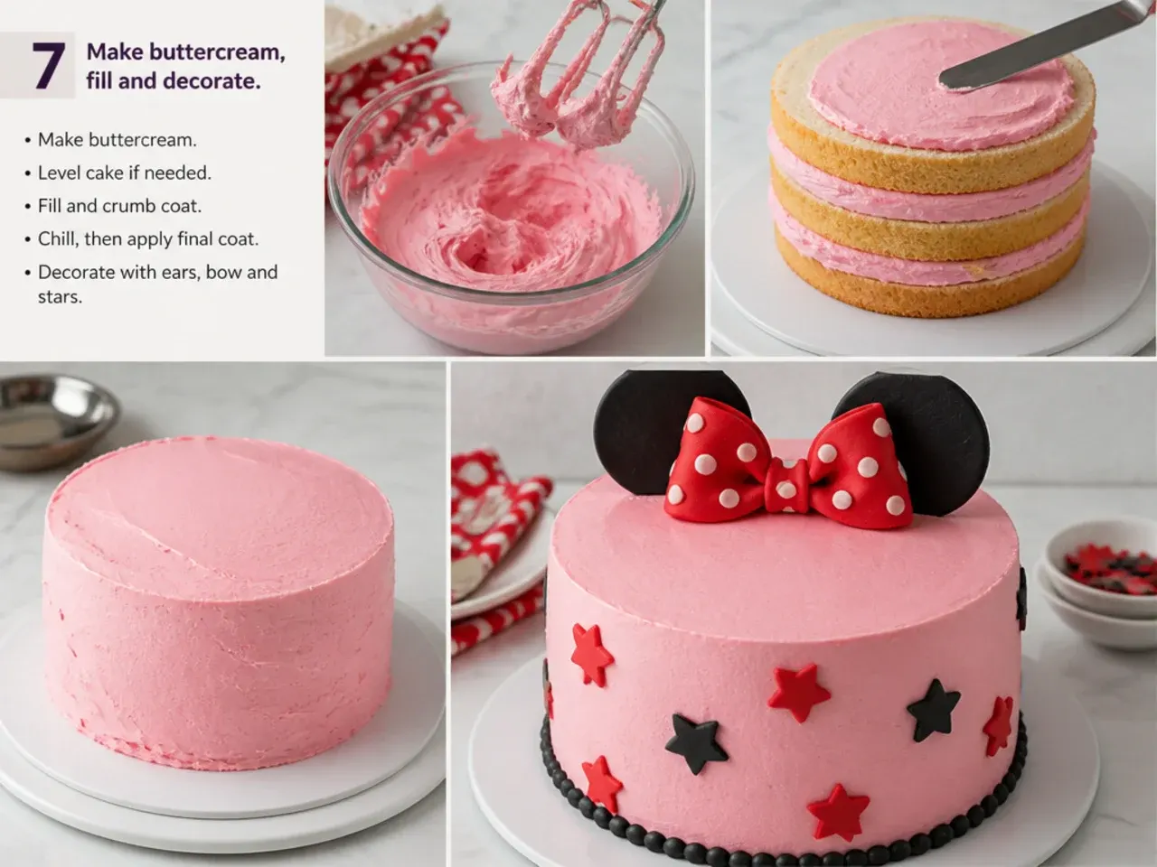 simple minnie mouse cake — step 7: make buttercream, fill and decorate