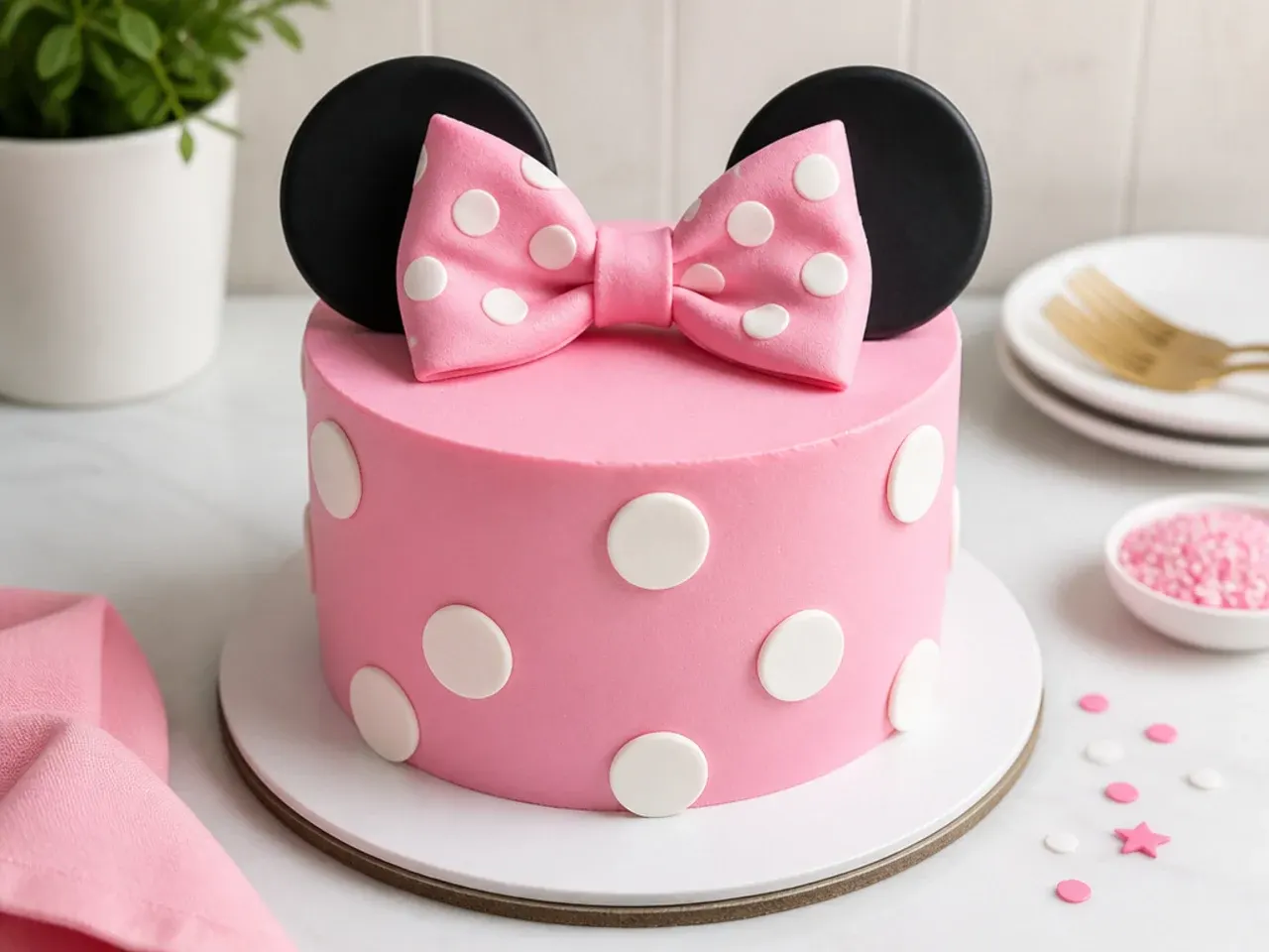 Classic simple Minnie Mouse cake in pink buttercream with a bow and white polka dots