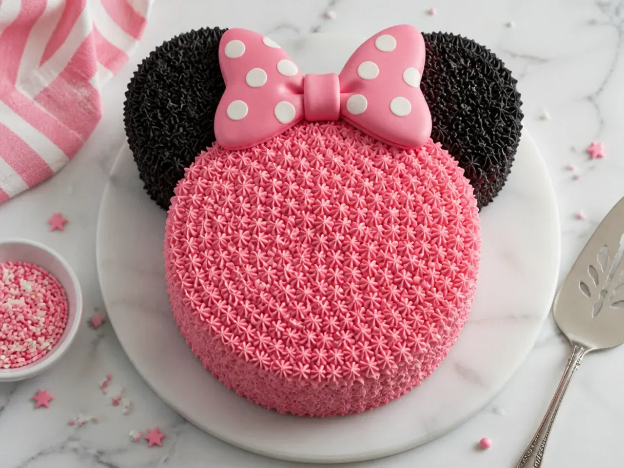 Easy box-mix Minnie Mouse cake decorated with pink frosting and a bow for beginners