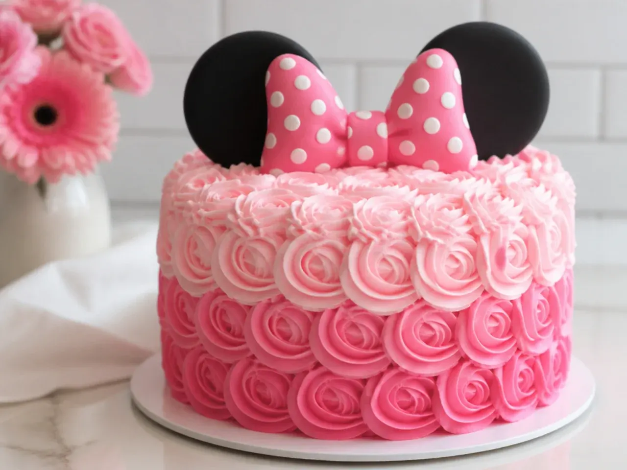 Elegant simple Minnie Mouse cake covered in ombre pink buttercream rosettes