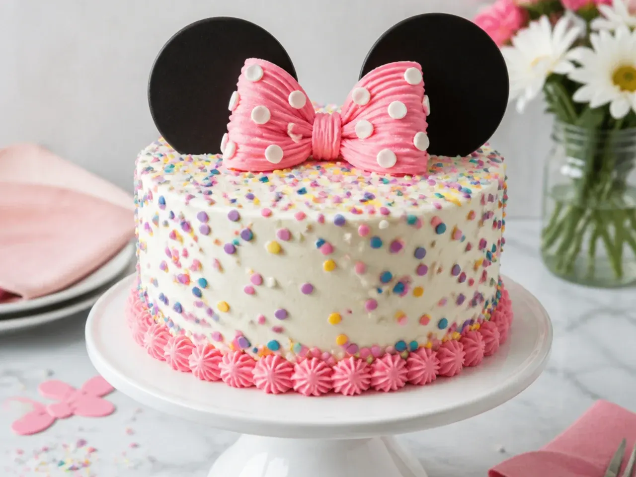 Playful Minnie Mouse confetti cake with rainbow sprinkles and a pink buttercream bow