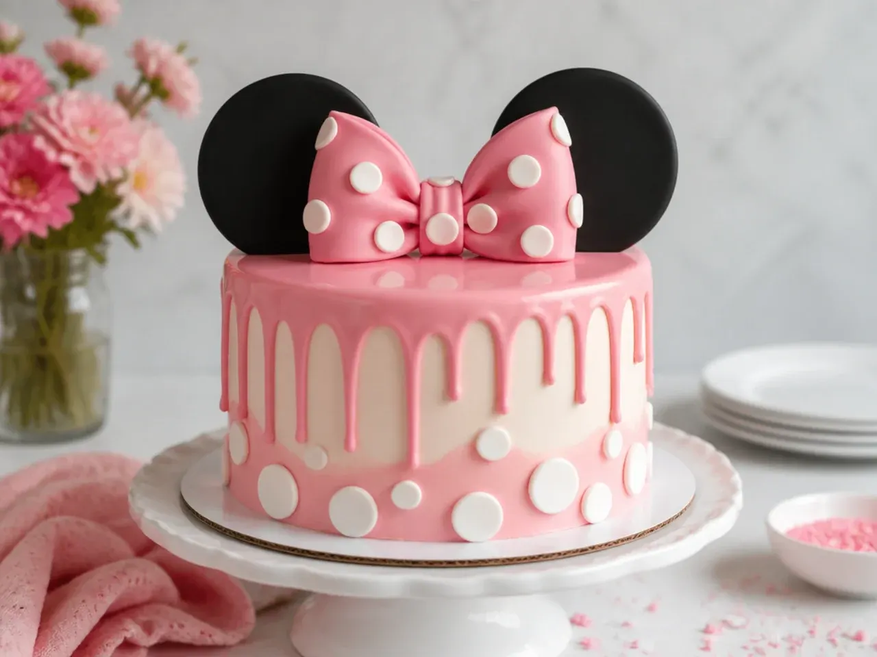 Modern simple Minnie Mouse drip cake with pink ganache drips, a bow and polka dots