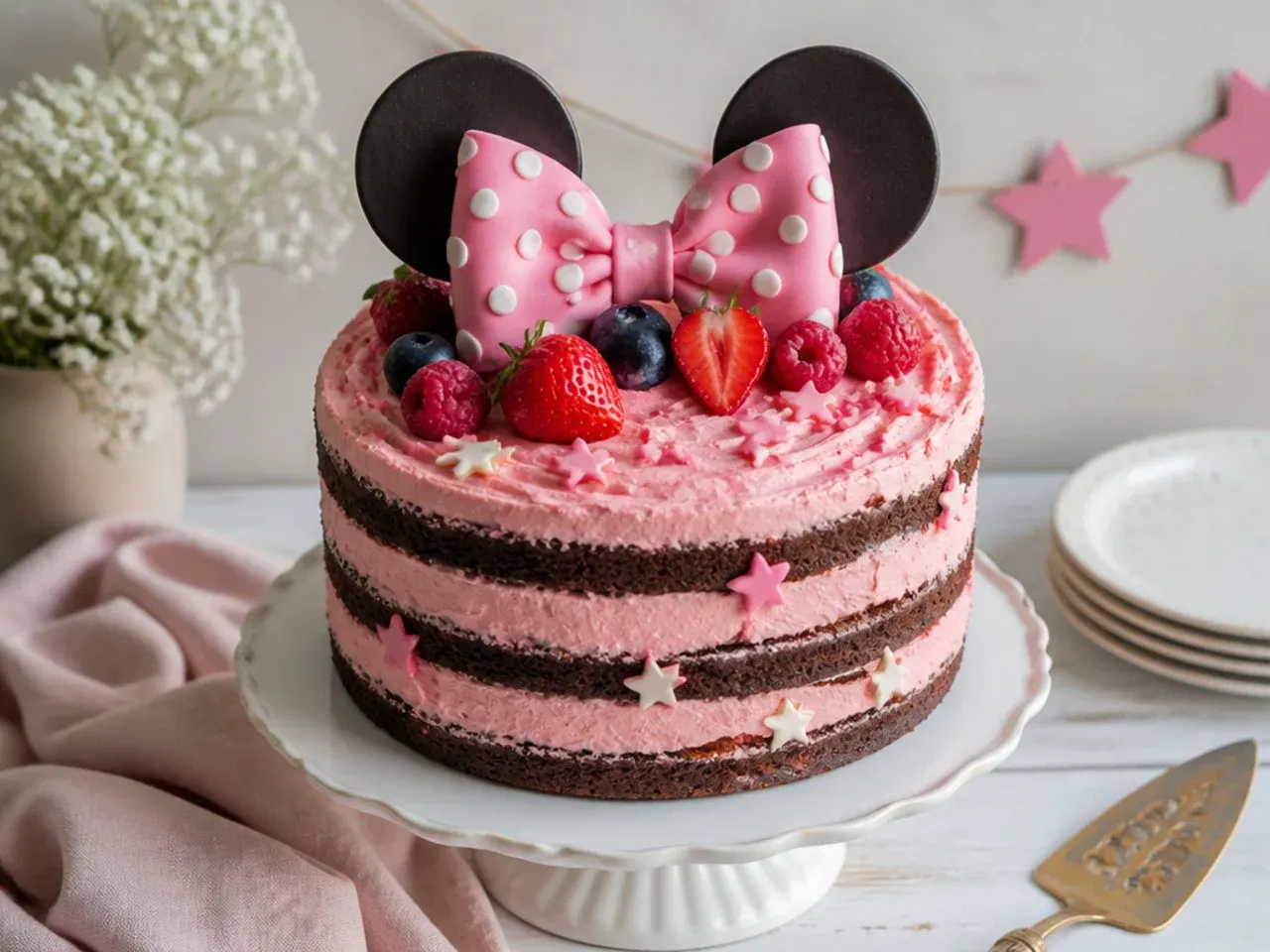 Rustic naked Minnie Mouse cake with pink buttercream, berries and a bow on top