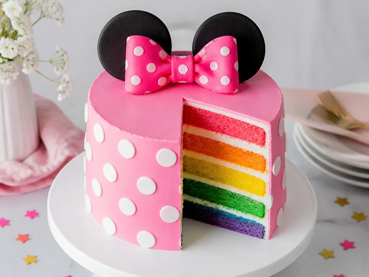 Colorful Minnie Mouse rainbow layer cake with pink frosting and white polka dots