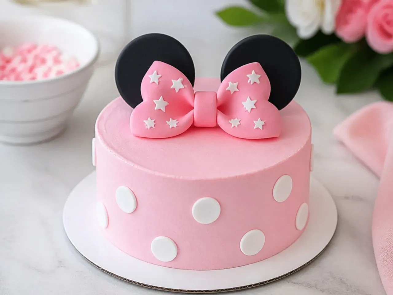 Minimal single-layer simple Minnie Mouse smash cake in pink with a few white dots
