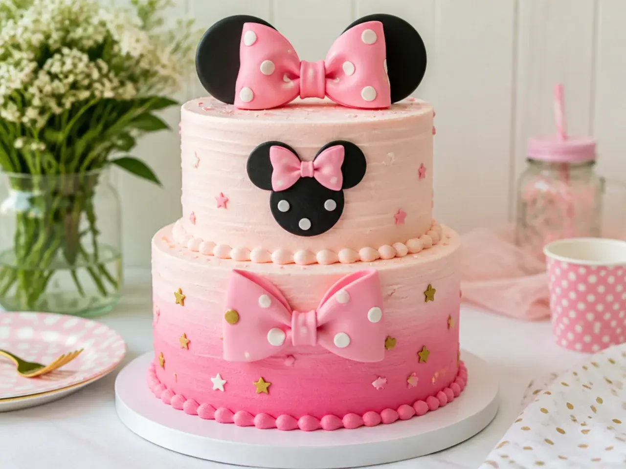 Festive two-tier Minnie Mouse celebration cake in pink buttercream with a bow