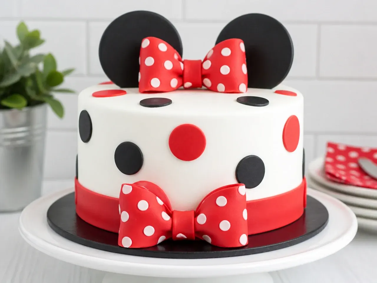 Bold black, red and white simple Minnie Mouse statement cake with oversized dots