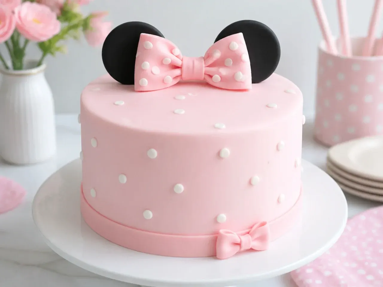 Delicate pastel pink simple Minnie Mouse cake with tiny dots and a small bow