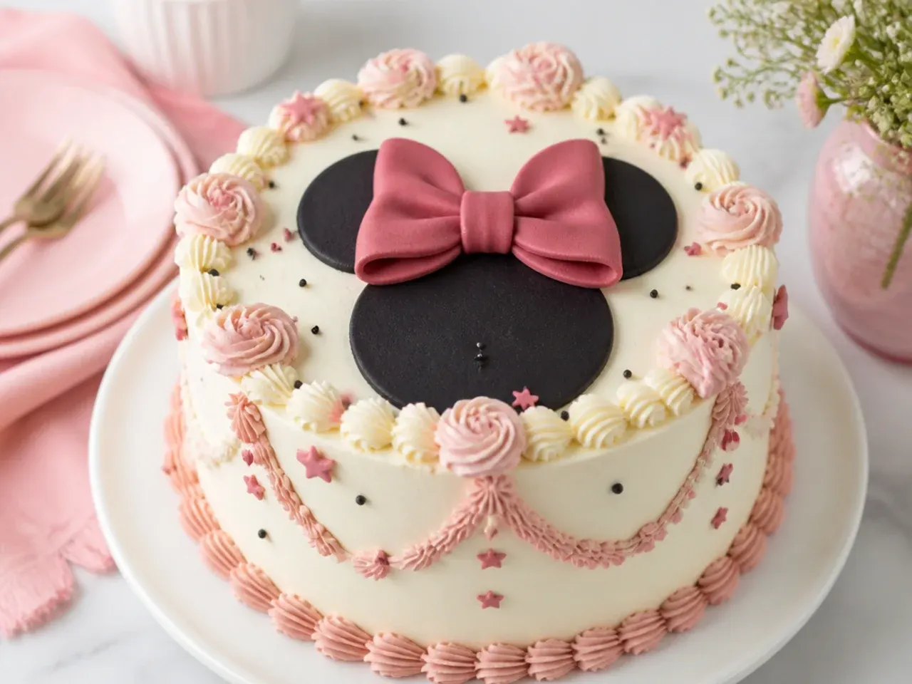 Vintage Minnie Mouse cake with piped shell borders, rosettes and a dusky rose bow