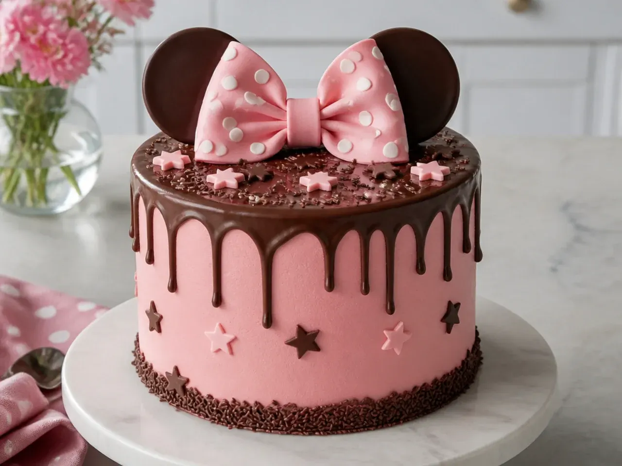 Creative chocolate and pink simple Minnie Mouse cake with ganache drips and a bow