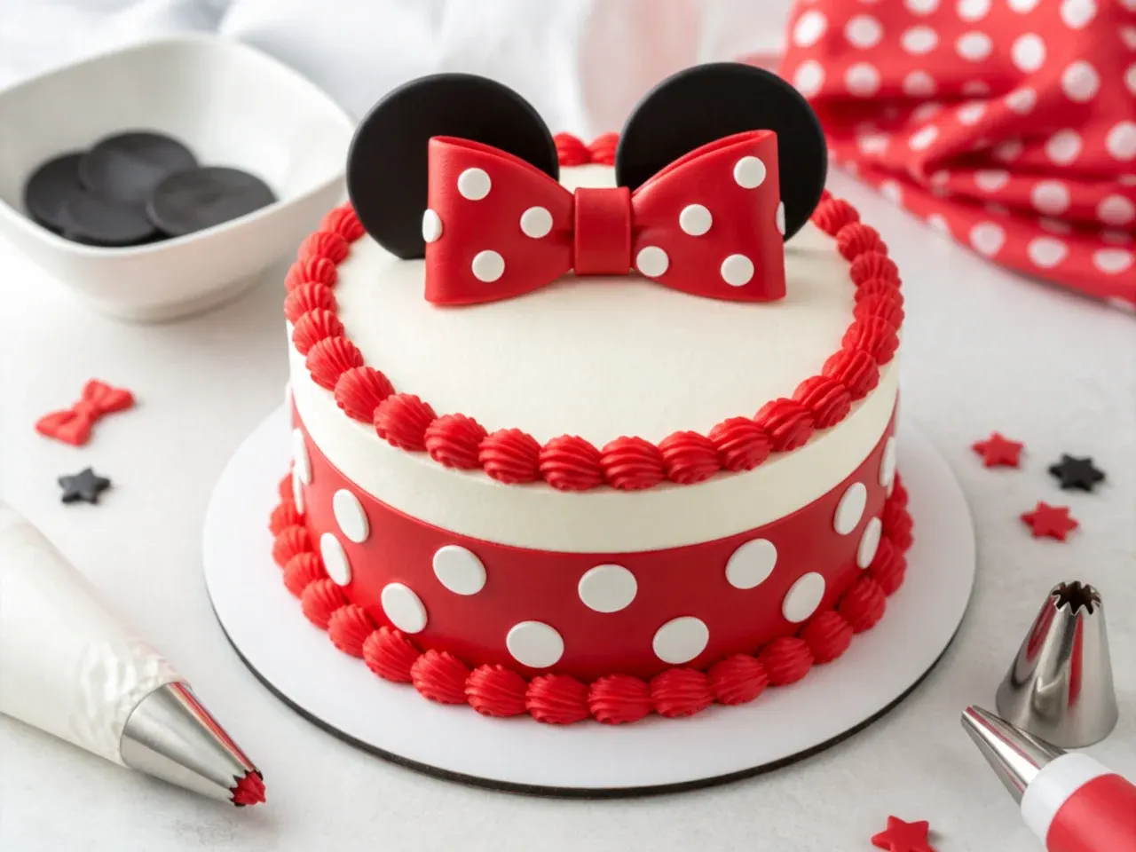 Tips for making a simple Minnie Mouse cake easier with buttercream and piping tools