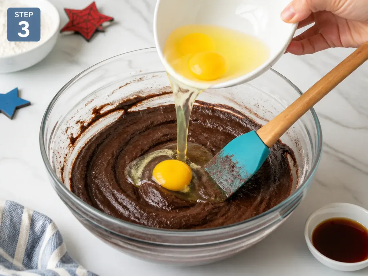 simple spiderman cake — step 3: add eggs and vanilla