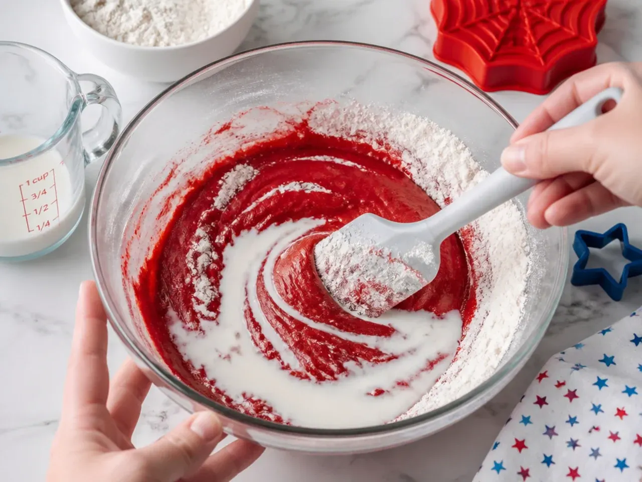 simple spiderman cake — step 4: fold in flour and milk