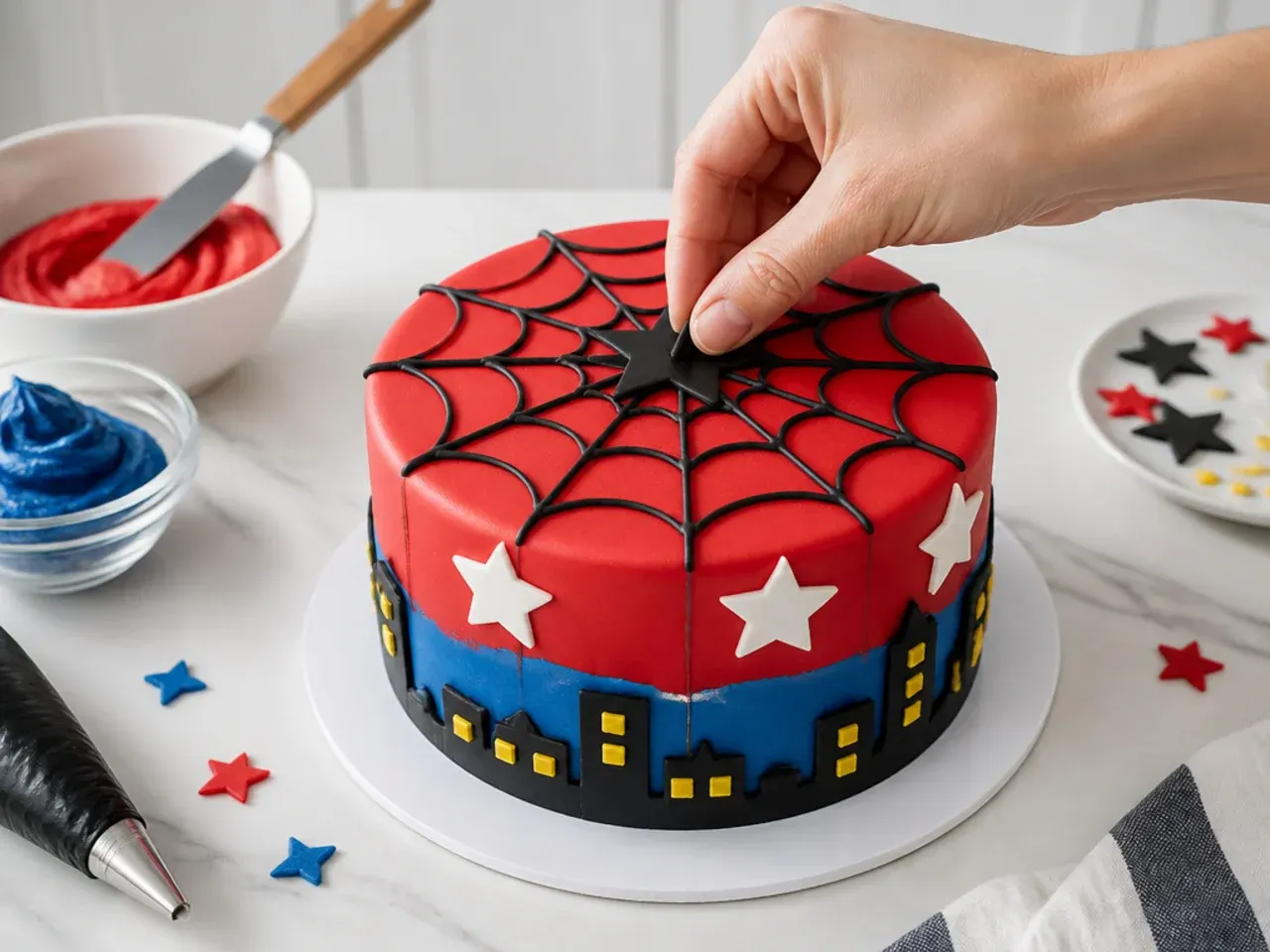 simple spiderman cake — step 7: assemble and decorate
