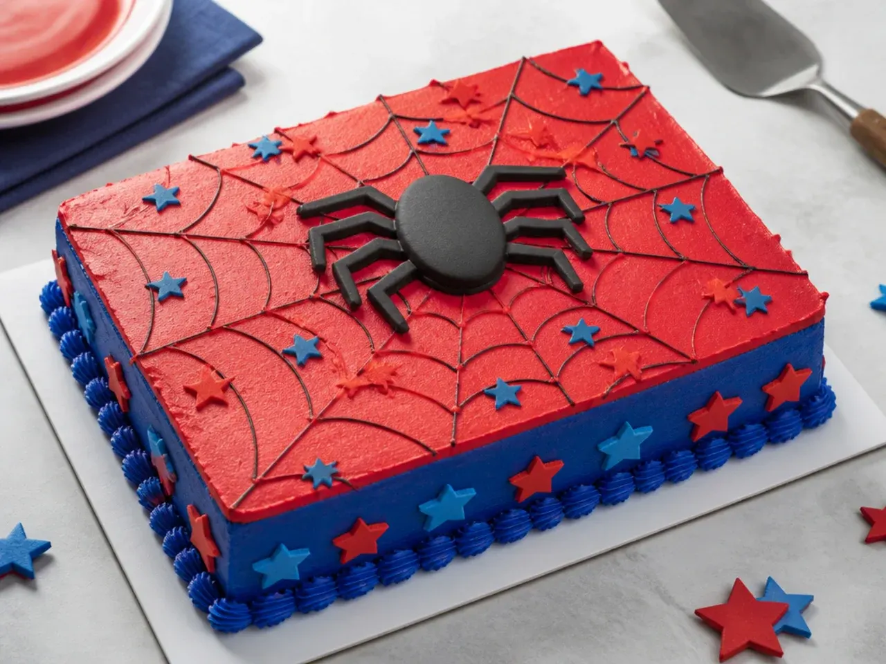 Easy Spiderman sheet cake decorated with a superhero-inspired topper and star border