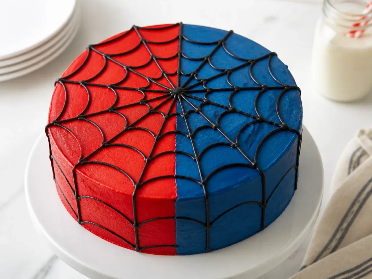 Elegant half red and blue Spiderman-inspired cake with a fine black web accent